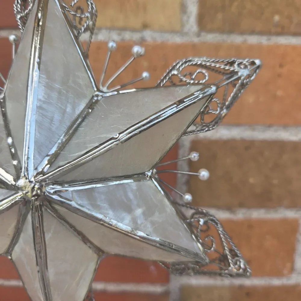 Vintage Capiz Shell Star Christmas Tree Topper Silver Filigree Pearl 11